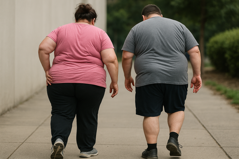 Two people struggling to walk due to clinical obesity.